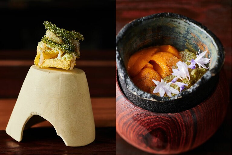 【冷たい海】より、左は野菜のクリスプにトリ貝をしのばせ、海ぶどうをあしらったもの。右はウニのムースと生ウニに、ペルーのチリペッパーを効かせている。