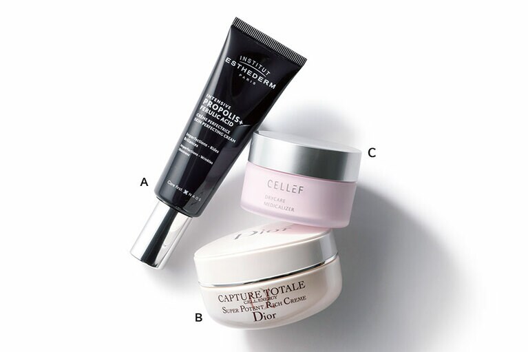 A：保湿しながら過剰な皮脂を抑制。エステダム インテンシブ PA クリーム 50mL 9, 500円／NAOS JAPAN  B：コクがあるバーム状。カプチュール トータル セル ENGY リッチ クリーム 50mL 13,000円／パルファン・クリスチャン・ディオール  C：薬用成分ヘパリン類似物質配合。ラップのように肌を包む。セルエフ ドライケア メディカライザー［医薬部外品］30g 5,273円／日本ゼトック