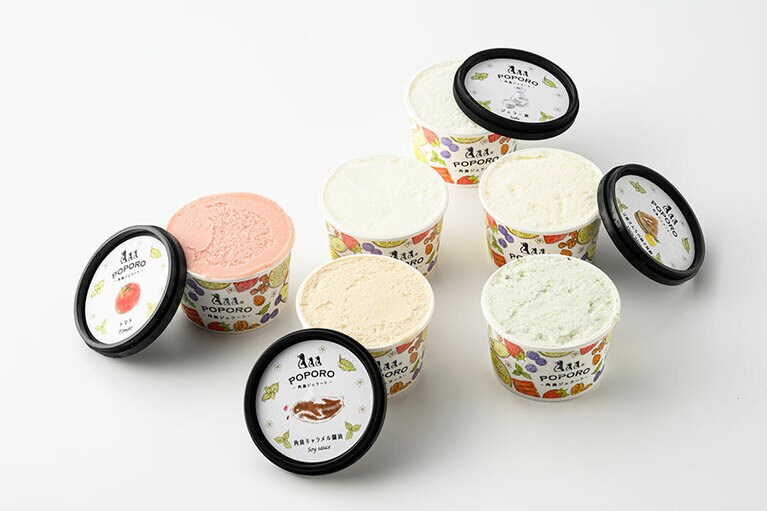 角島ジェラート ポポロ「下関プレミアムジェラートセット6個入」3,400円（120ml）。左から時計回り：垢田トマトソルベ、ジャージーミルク、ジェラー酒、江原さんちの柚子味噌、青のり、角島キャラメル醬油※内容は季節により異なる／山口県