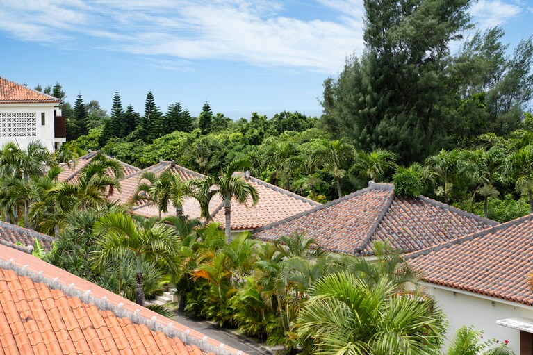 琉球赤瓦の客室が並び、八重山ならではの情緒を醸し出す「ガーデンヴィラズ」。その向こうには、 鬱蒼と亜熱帯の木々が茂る「アヤパニの森」が広がります。