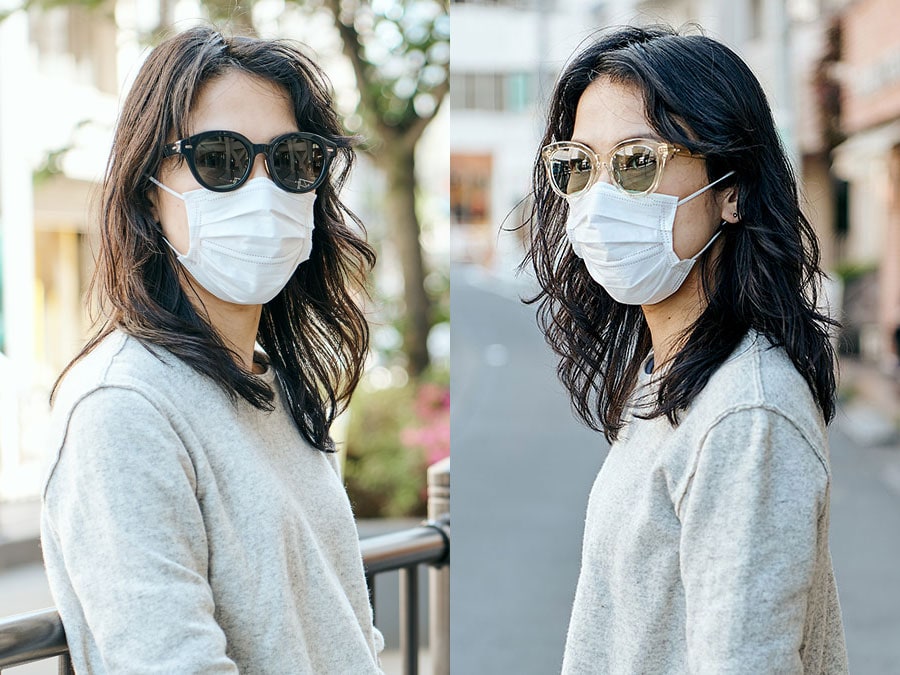 左：マスク着用時に目元までサングラスで覆われてしまうと、少々怪しい見た目に……。
右：肌の色を透かすクリアカラーのフレーム＆目元が見える薄色レンズなら、抜け感が生まれお洒落度アップ。