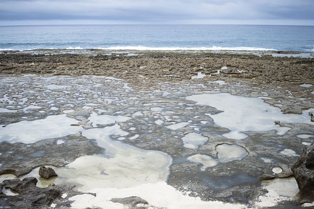 潟塩作りに欠かせない“潮溜まり”が広がる、みやとばるの海岸。晴天が1週間以上続く盛夏に高濃度の海水を作る。