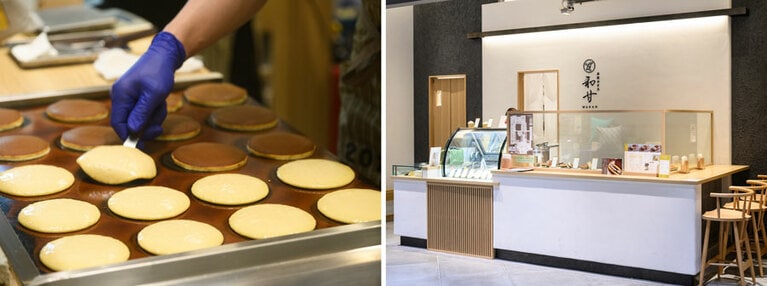 店頭で「生どらやき」の生地を焼いている。