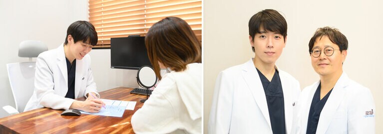 左：チェビトッは5段階あるため、カウンセリングによって自分に合うものを決定していく。LINEによる相談も受け付けており、日本への発送も行っている。右：日本語を勉強中というムソク代表院長（右）と、ジョン院長（左）。