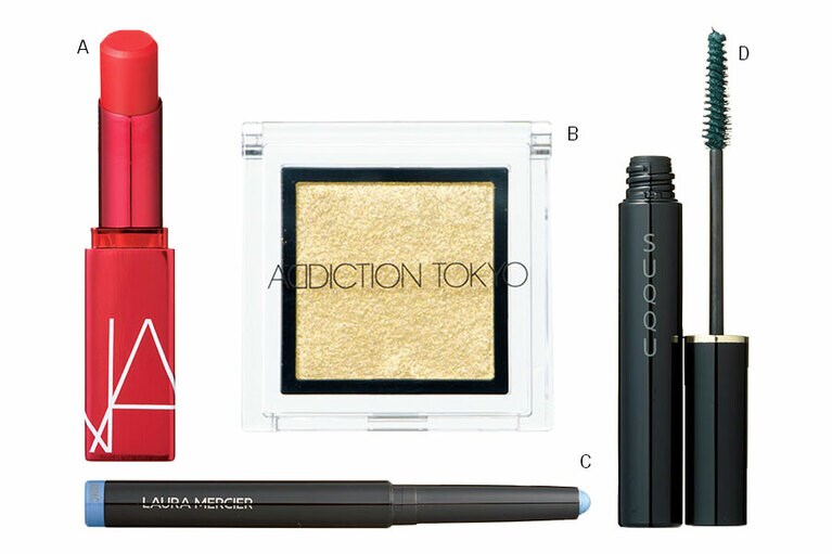 A：スムーズにのびるチェリーレッドのバームが唇をうるおしながらシアーに発色。アフターグロー リップバーム 1357 3,500円／NARS JAPAN(3/13発売) B：グリーンゴールドがメタリックで神秘的な目もとを演出。ザ アイシャドウ L 165 2,000円／アディクション ビューティ(4/4限定発売) C：アイシーなパウダーブルーのスティックアイシャドウ。つけたてのクールに澄んだ発色が続く。キャビアスティック アイカラー 2005 3,000円／ローラ メルシエ ジャパン(3/11限定発売) D：深い森を感じさせるグリーンがまつ毛を鮮やかに彩り、洗練されたまなざしに。アイラッシュ マスカラ ウォータープルーフ 103 4,300円／SUQQU(限定発売中)