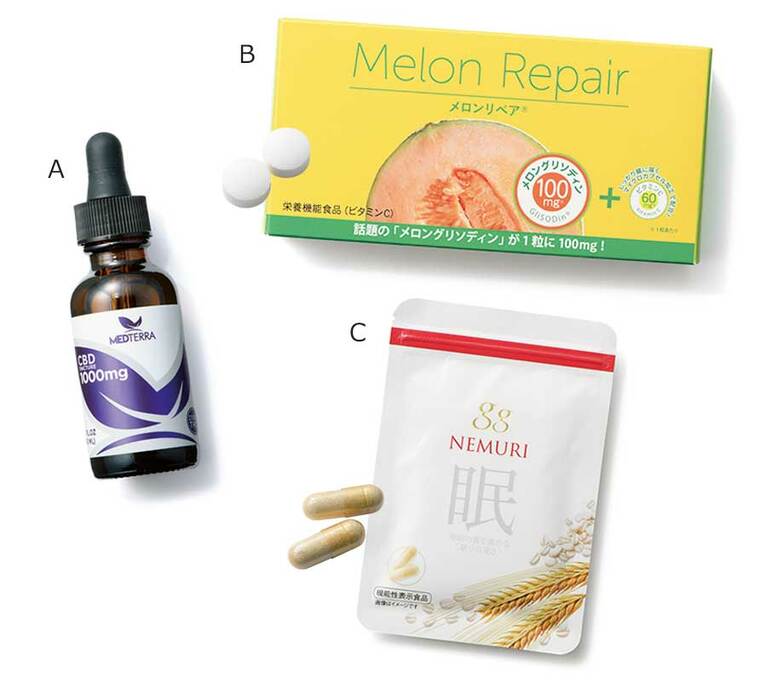 【美容のプロも注目のアイテム！】A：メディテラ CBDティンクチャー 1000mg 30mL 10,480円／ビープル バイ コスメキッチン、B：メロンリペア 30粒 3,980円／イー・ウーマン、C：gg NEMURI 62粒 3,800円／江崎グリコ