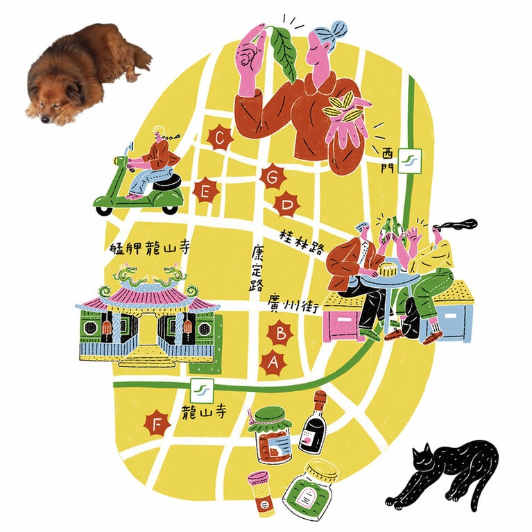 A：萬華世界下午酒場（ワンファーシージェシャーウージョウチャン） 
B：東三水街市場（ドンサンシュエイジェシーチャン） 
C：老濟安（ラオヂーアン） 
D：丸花豆倉（ワンファードウツァン） 
E：涼粉伯（リャンフェンボー）
F：西園橋下蚵仔湯（シーユェンチャオシャークーザイタン） 
G：從心茶館（ツォンシンチャァン）