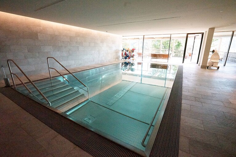 「ヴァルトホテル」にある「ヘルス＆メディカル エクセレンス」のプール。屋外にもうひとつ、隣には足裏マッサージ用プールがある。