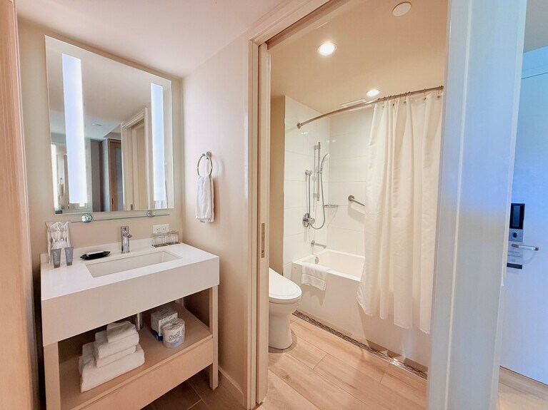 深めのバスタブやウォシュレット付きトイレが備わり、歯ブラシをはじめとするアメニティ類も充実。