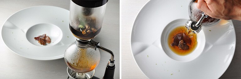 サイフォンを使い、「茸の旨みがこんなに！」と驚く一皿、「サイフォンコンソメ セップ茸と月桃のアロマ」(ディナーコース「TINPAU -天蛇-」から)。