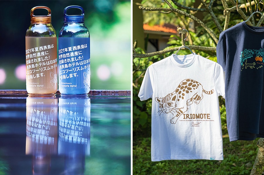 左：滞在するゲストに用意されるレンタルボトル。右：ショップでは、海洋漂着物を再生したTシャツなどを販売。売り上げの一部は、自然保護活動に役立てられます。