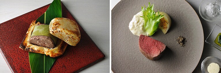 ディナーコース「TINGALA -天の川-」25,300円から、「月桃を纏わせた沖縄県産黒毛和牛の塩釡焼き」。しっとりやわらかな肉に、シェフの卓越した技が凝縮した逸品。