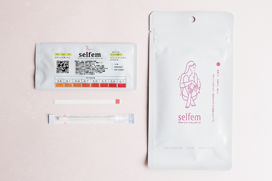 内容はpH判定表、pH判定シート、滅菌綿棒。selfem デリケートゾーンチェックツール(おりもの検査キット)1,650円/エオストレ