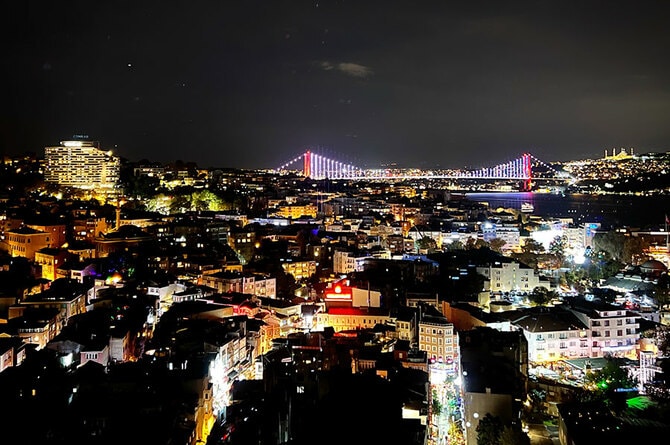 バーからの眺め。ライトアップされた７月15日殉教者の橋(旧ボスポラス大橋)が美しい。