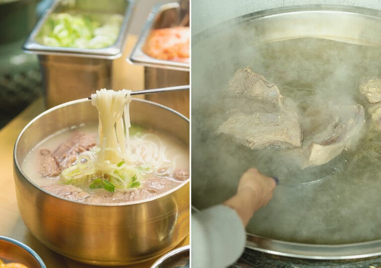 左：ソルロンタン スペシャルW16,000。右：具の肉は4時間煮込んでやわらかくする。