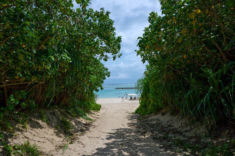 小さな森の小径を抜けてマエサトビーチへ。