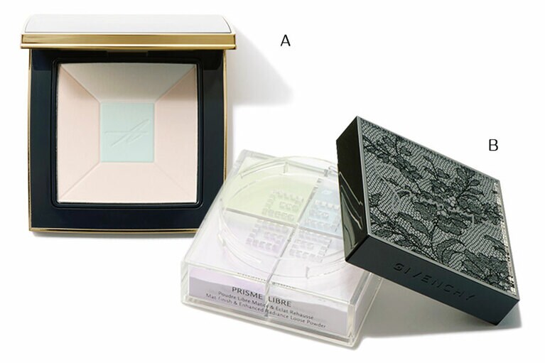 A：血管がうっすら透き通るような繊細でつるんとした素肌感を演出。トランスルーセント プレストパウダー 03 6,800円(セット価格)／アンプリチュード(3/18発売) B：寒色効果で赤みを抑え、透明感をプラス。プリズム・リーブル No.1 7,700円／パルファム ジバンシイ(限定発売中)