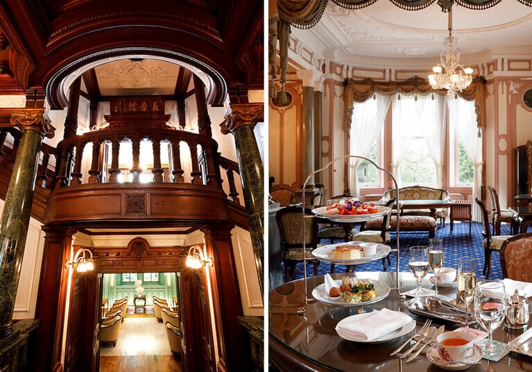 左：多彩な建築様式を取り入れ、装飾も素晴らしい館内には、見どころがいっぱい。 
右：ロココ様式の「迎賓の間」で優雅なアフタヌーンティーを。