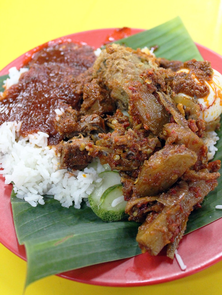 お皿左上の赤みがかったソースが、ナシレマッには欠かせないサンバルソース。辛いのが好きならたっぷりとかけてもらおう。