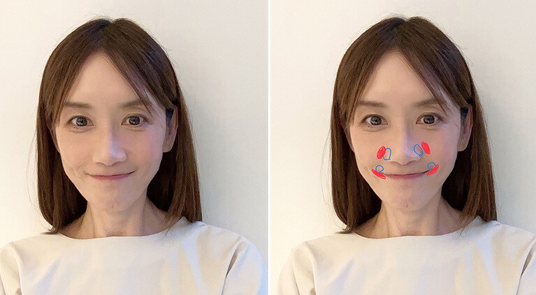 鼻横や口元の陰り（青丸部分）には直接ファンデを置かないで、すぐ近くの「赤丸部分」に置くのがポイント。