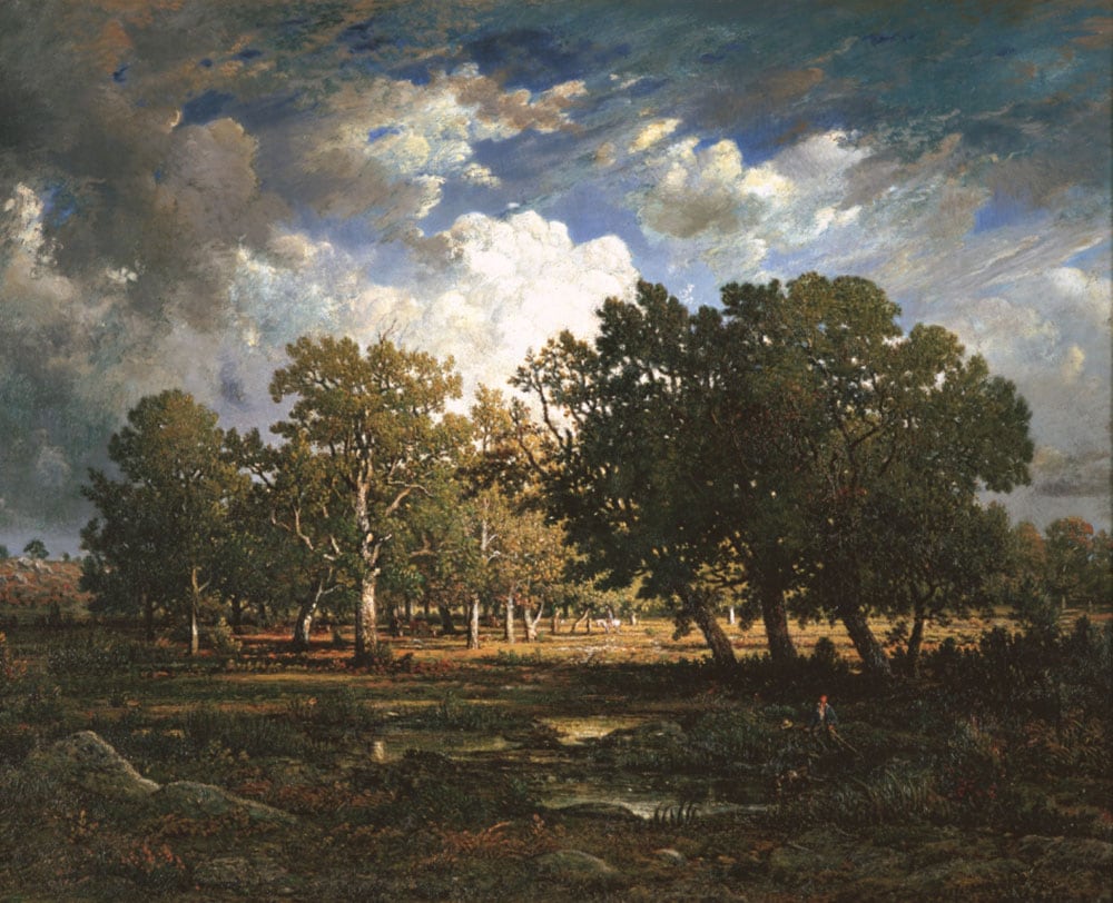 【ピエール＝エティエンヌ・テオドール・ルソー《フォンテーヌブローの森のはずれ》1866年】ミレーとともにバルビゾン村で生きた画家で、親友でもあったルソーの一点。細かな筆致で移ろいゆく自然の景色をとらえようとしている。