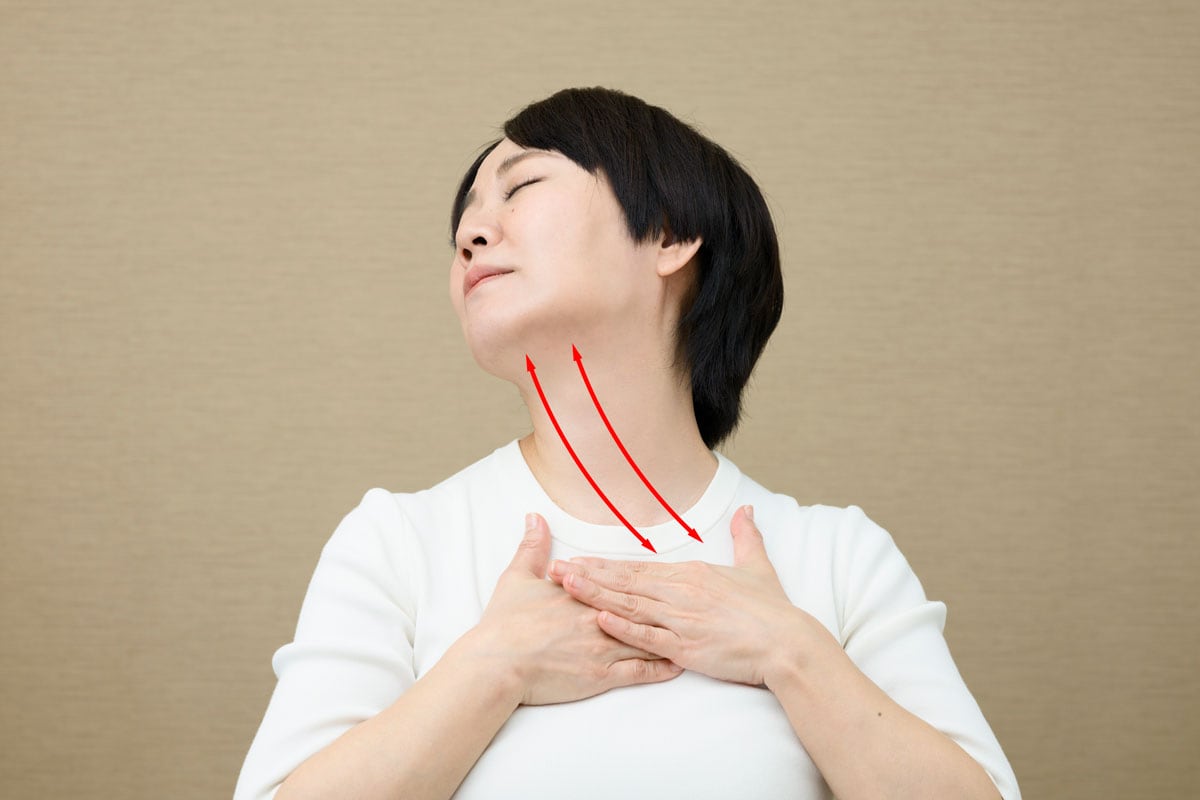 同じく鎖骨を押さえたまま、右上を向いて5秒キープ。
