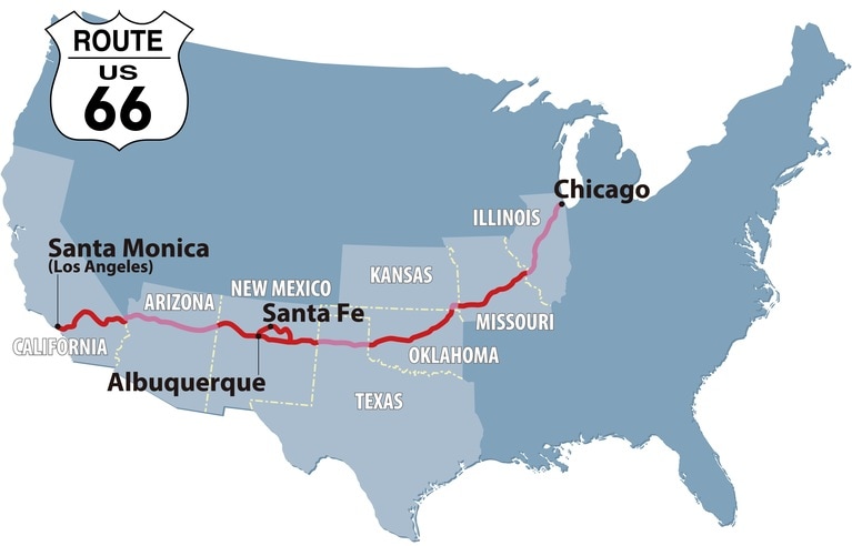 アメリカ第3の都市シカゴ（イリノイ州）から西海岸のサンタモニカ（カリフォルニア州）までを駆け抜けるルート66。map：Cmap
