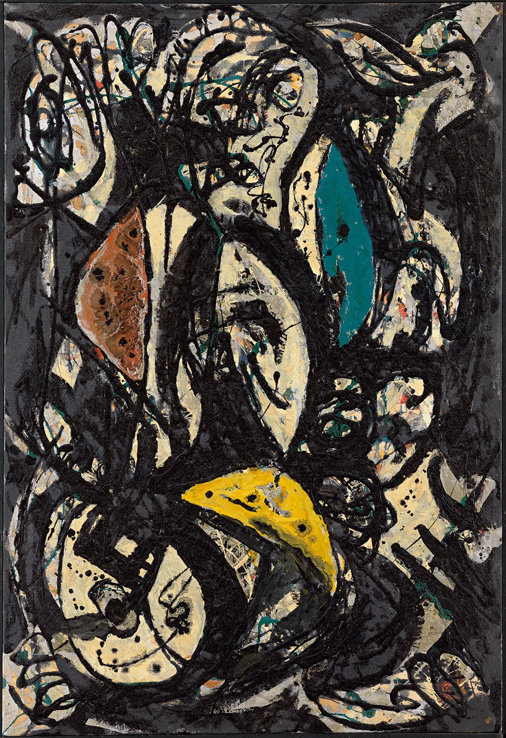 ジャクソン・ポロック《Number 2,1951》1951年。抽象表現主義の代表的な画家、ジャクソン・ポロックの後期の作品。黒や様々な色の線のなかに天体のモティーフなどが描かれている。