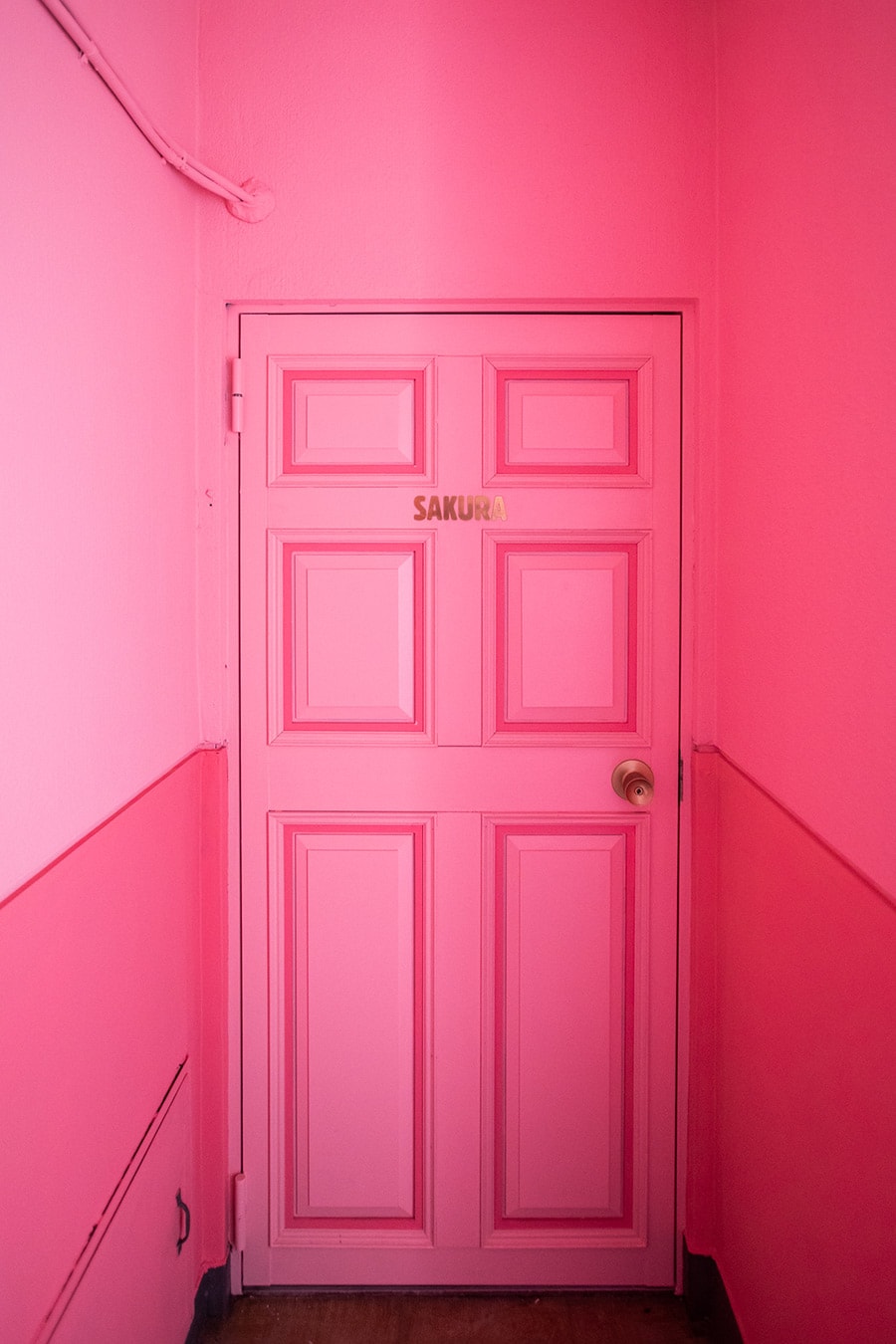 「SAKURA」の文字が入ったピンクのドアでお出迎え。