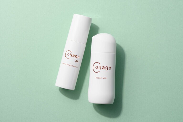 「コラージュリペアブライトエッセンスDR」（左）と「コラージュリペアミルク」。