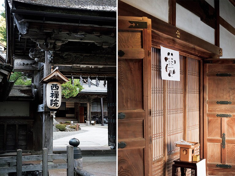（左）西禅院の風情ある佇まい。（右）稲作のない高野山ではしめ縄の代わりに切り絵の「宝来」を掲げる。御下がりの米と塩が振る舞われていた。