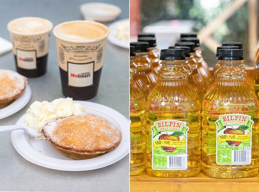 左：カフェ、ショップのほか農園体験もできる「ザ・ビルピン・フルーツボウル」で、アップルパイを食べながらひと休み。
右：りんごジュースのほか、ジャムやシードルなども購入できます。