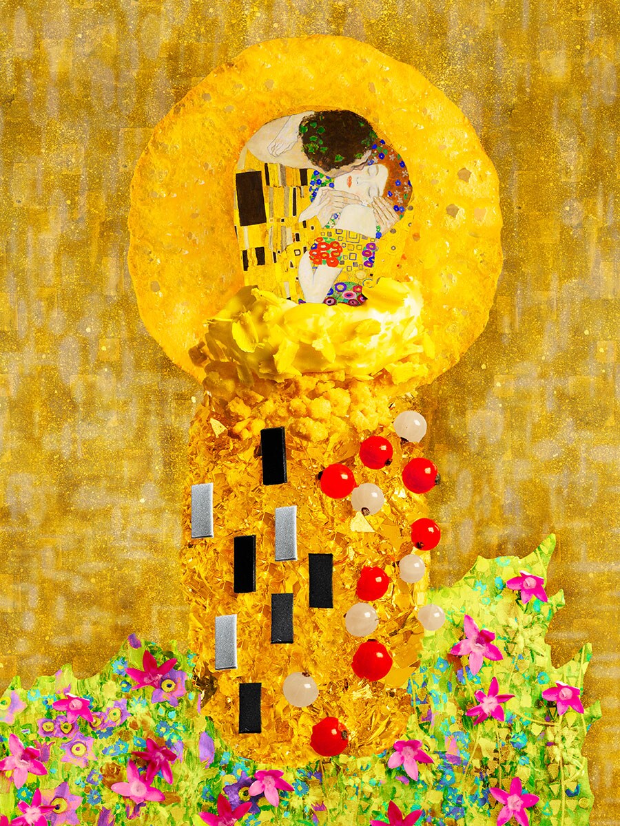 「シャンパン ジュレ パフェ」のイメージ。クリムトの黄金時代を代表する作品「接吻」の鮮烈なインパクトの見た目を、モエ・エ・シャンドンをふんだんに使用して創り上げた大人向けの一品。