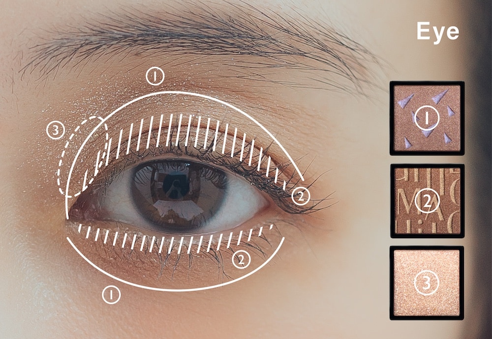 ベージュのフレームに合うアイシャドウ。〈コスメ使用アイテム〉上から、マキアージュ カスタマイズアイカラー シングル BE775 クラシックココア、BR533 キャラメルガナッシュ、GD873 ジンジャーシュガー 各1,100円（編集部調べ）／マキアージュ