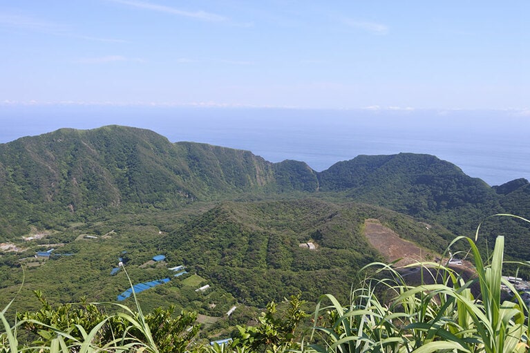 大凸部の頂上から見た、外輪山と丸山。ババロア状になっているのは、椿の植樹をした際、防風林として元の森を利用したことにより、椿と原生林が交互に植わっているため、段々模様になっているそうです。