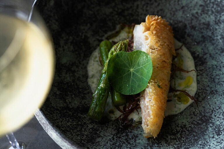 “白甘鯛×海藻”。豆腐と風味豊かな四万十の青さのりのソースでいただく。