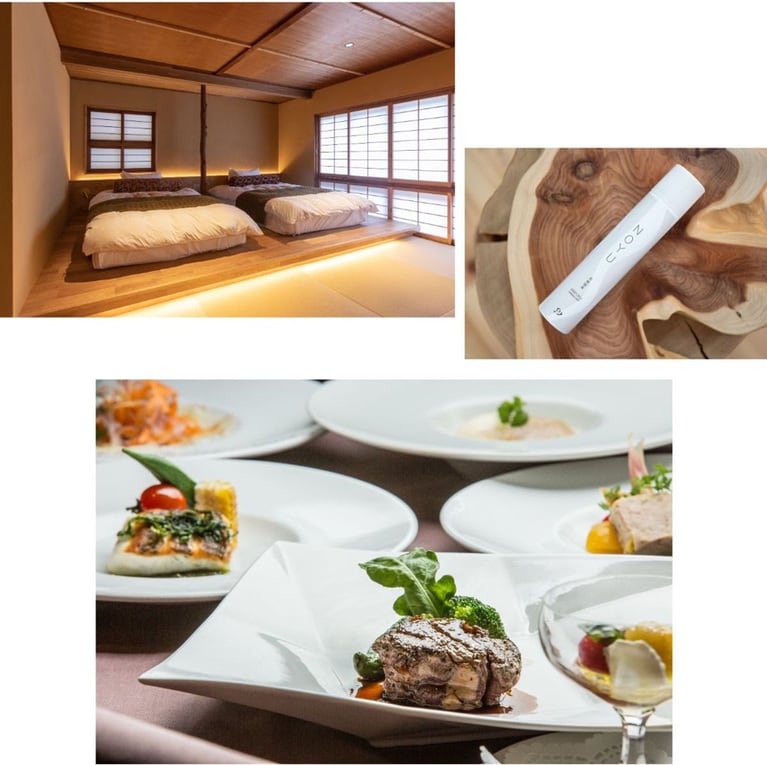 (写真・左上)純和風の部屋・8室を用意。(写真・右上)「宝の湯」と呼ばれる有福温泉の温泉水を100％使用した温泉ミスト「NOYU」。(写真・下)イタリアンコースは全部で7品。一皿のボリュームがしっかりしているので、お腹いっぱいに。