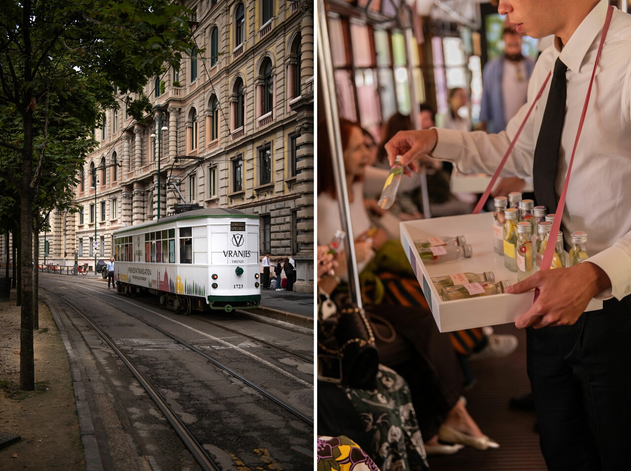 ミラノ中心部、スフォルツェスコ城を望むカステッロ広場前を走るトラム。車内では香りをイメージしたドリンクのサービスも。