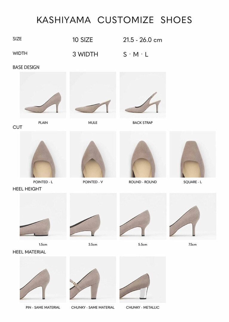 本サービスで選べる、ベースデザイン、トゥカット、ヒールの高さと種類。
