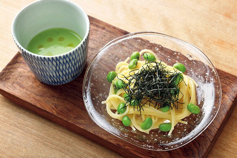 枝豆の冷製パスタ コースのみ6,000円か11,000円／Obase