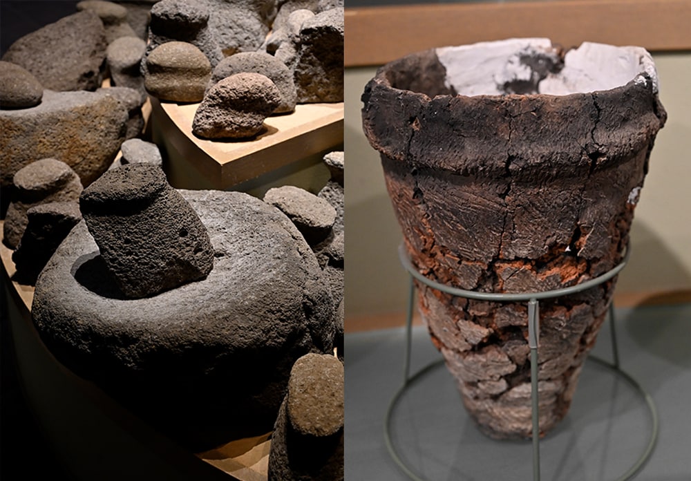左：貝塚で見つかった石器。役目を終えると破壊され、あの世へ送られたという。
右：北黄金貝塚から出土した縄文土器。