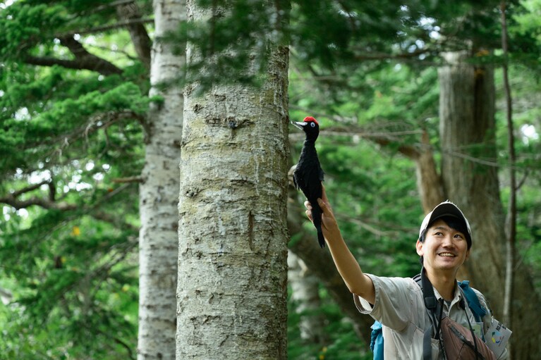 今回ガイドをしてくれた「ピッキオ知床」の竹下明伸さん。明るくユーモアたっぷりの解説で、森の成り立ちや野生動物の習性をわかりやすく教えてくれた。