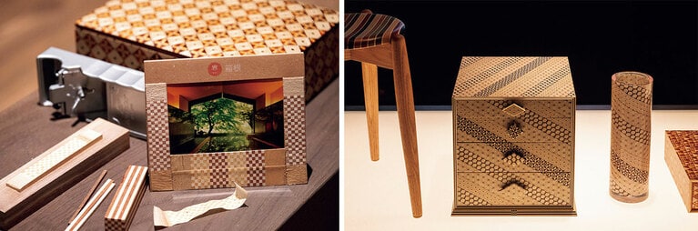 左：箱根の伝統工芸・寄木細工の“ずく引き”という工程を体験できる「ご当地楽」。かんなで削り出した“ずく”をフォトフレームに。右：隣接するショップでは、モダンな寄木細工の作品も購入できる。