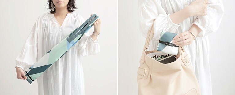 両端を引っ張ると一気に帯状にたためて、あとはまとめて留めるだけ。