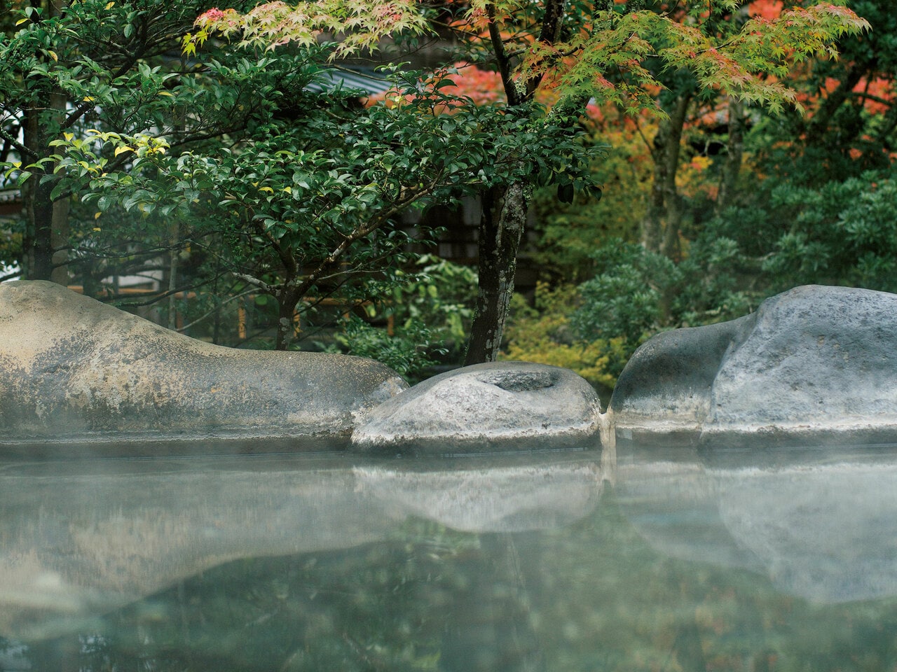 温泉は写真の、四季折々の自然と溶け込むような野天風呂の他、男女別の内湯、貸切風呂もあり。