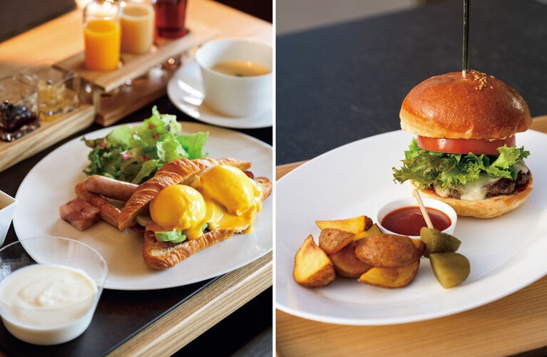 左：卵料理が充実した洋食の朝食。朝食は和定食と洋食からチョイス。右：「GORA KADAN FUJI GOLF」のクラブハウスではグリーンと富士を眺めながら朝食とランチが楽しめる。「クラシックハンバーガー／サラダ・季節のスープ」2,400円。