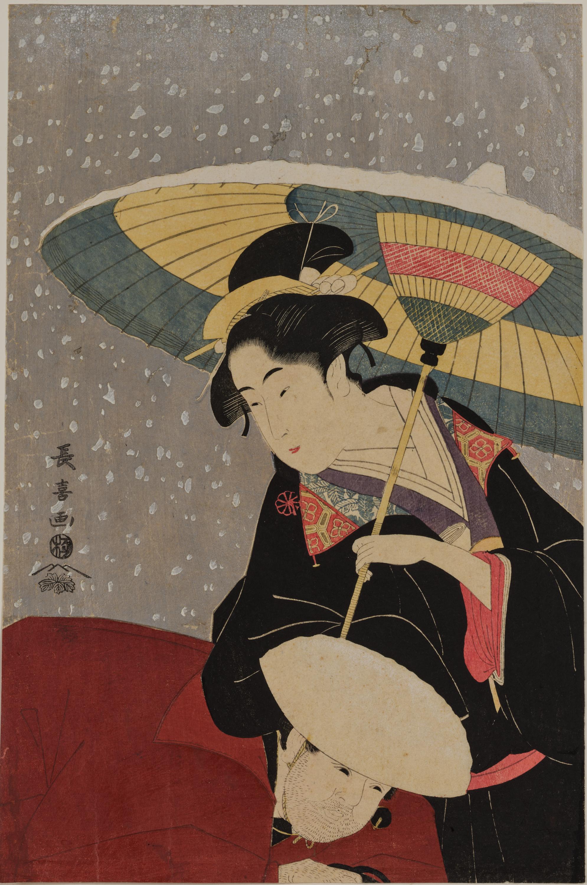 現代にも通じるこのアップの構図は蔦重の時代に江戸で流行ったものだった　栄松斎長喜の版画「雪中美人と下男」（出典：ColBase）