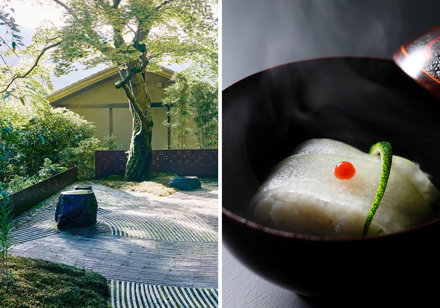 左：京の美意識が凝縮した奥の庭。 
右：凛とした盛り付けも美しい「嵐峡の滋味」。