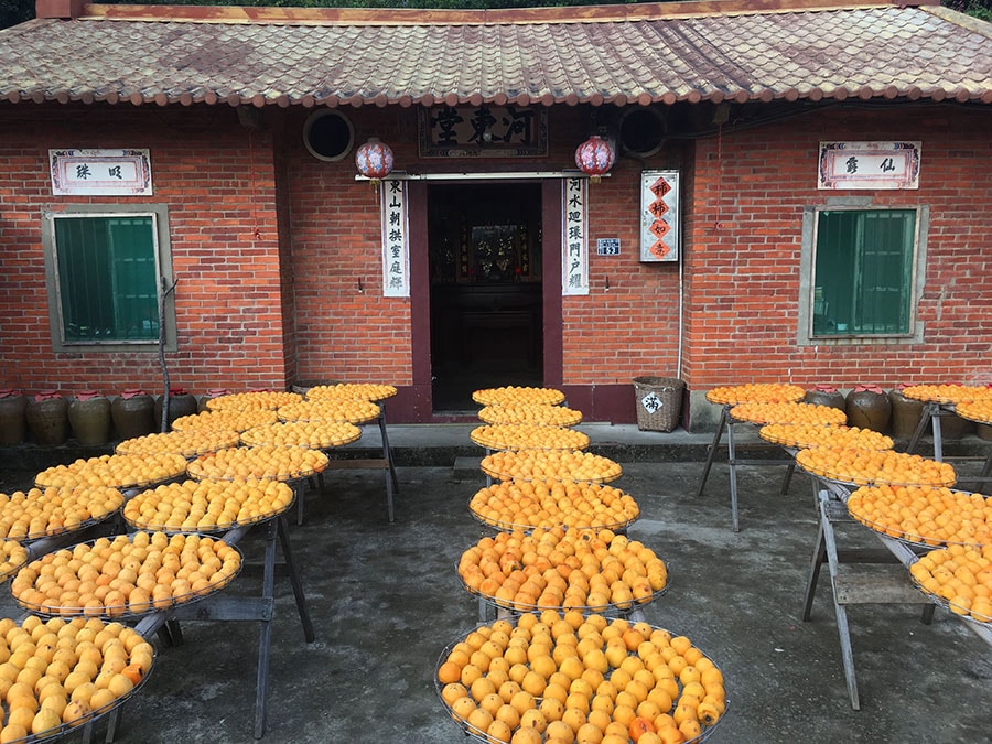 伝統的な三和院造りの建物の前に並ぶ干し柿。