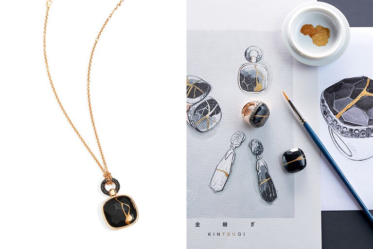 漢字の下にKINTSUGIと書かれたデザイン画と金粉を撒く作業に使う道具。